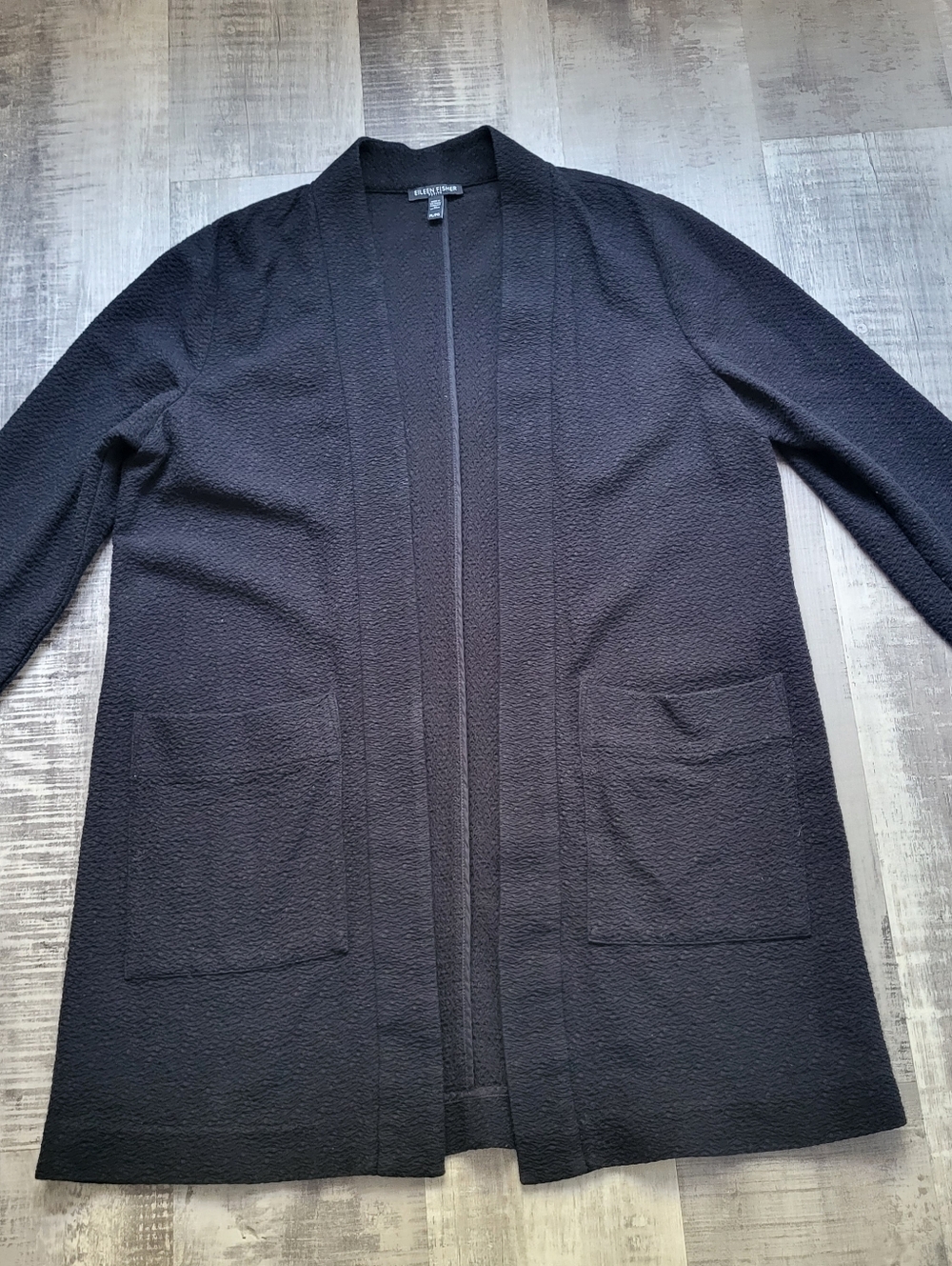 Eileen Fisher Petite Large Black Textured Open Front Cardigan Jacket Cotton